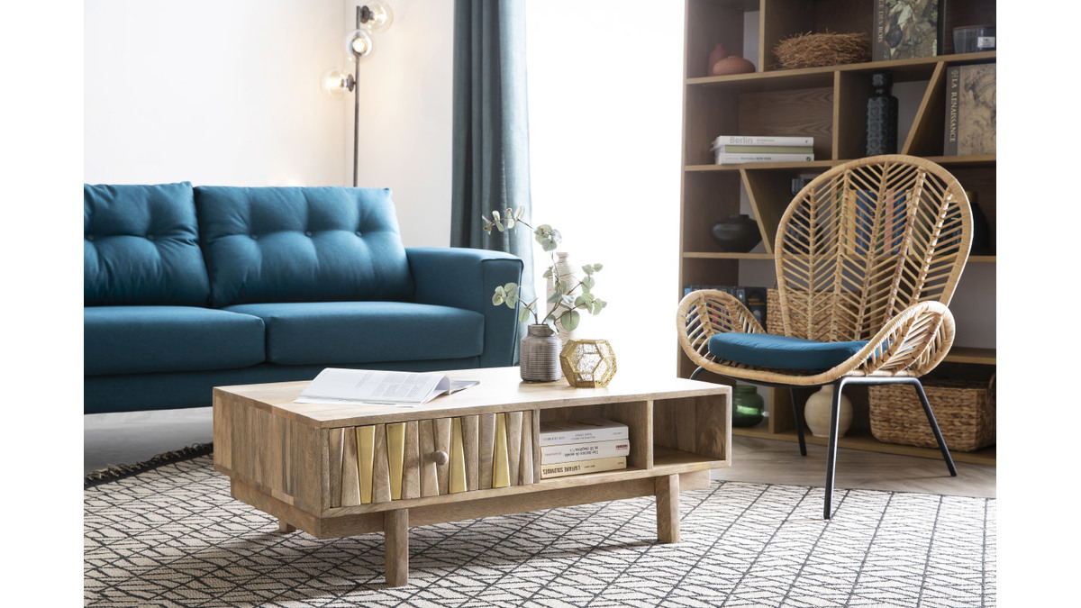 Table basse rectangulaire avec rangements bois clair manguier massif grav et laiton L100 cm ZAIKA
