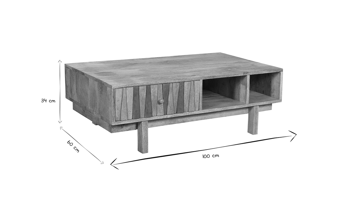 Table basse rectangulaire avec rangements bois manguier massif gravé et laiton L100 cm ZAIKA