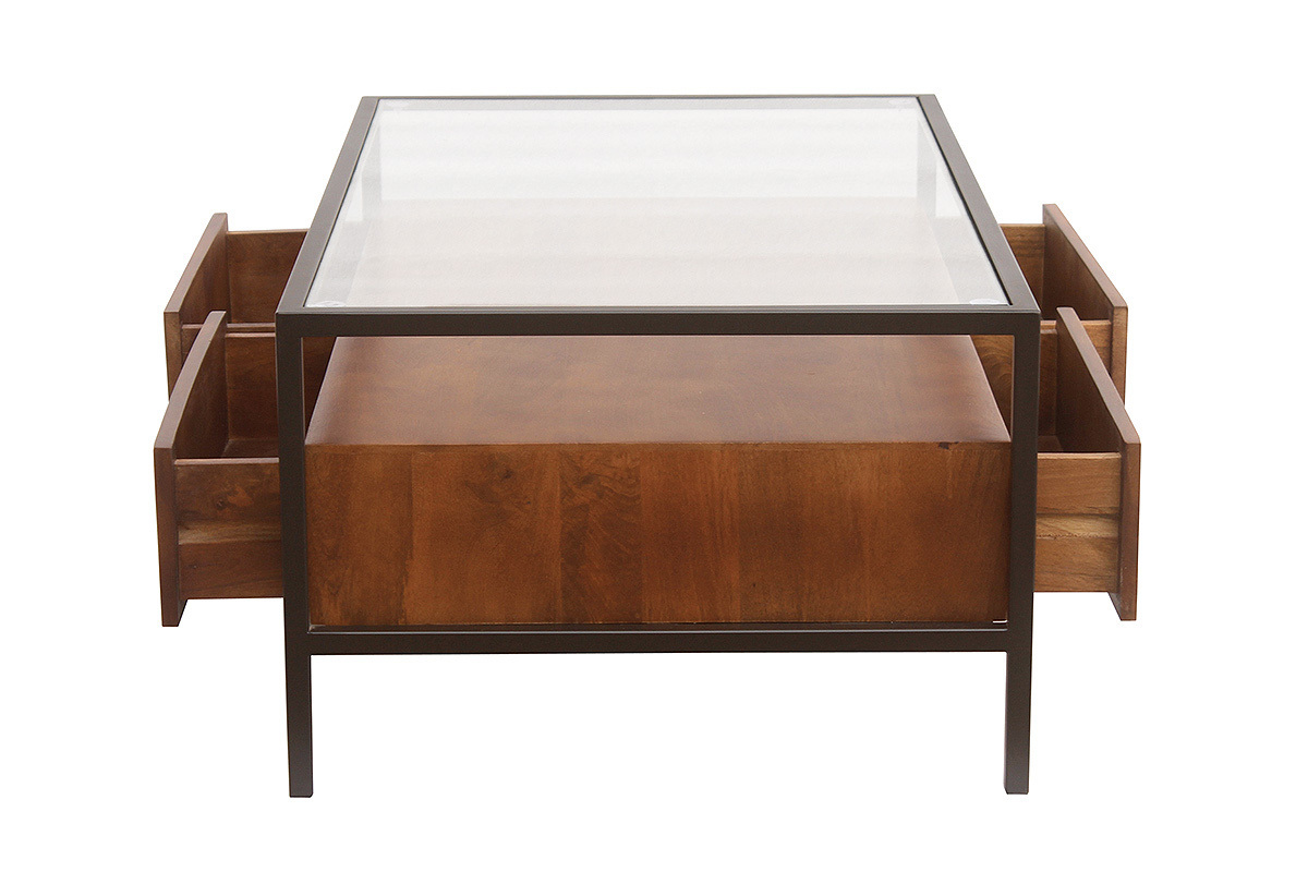 Table basse rectangulaire avec rangements en bois fonc� manguier massif, verre et m�tal noir L100 cm SITA