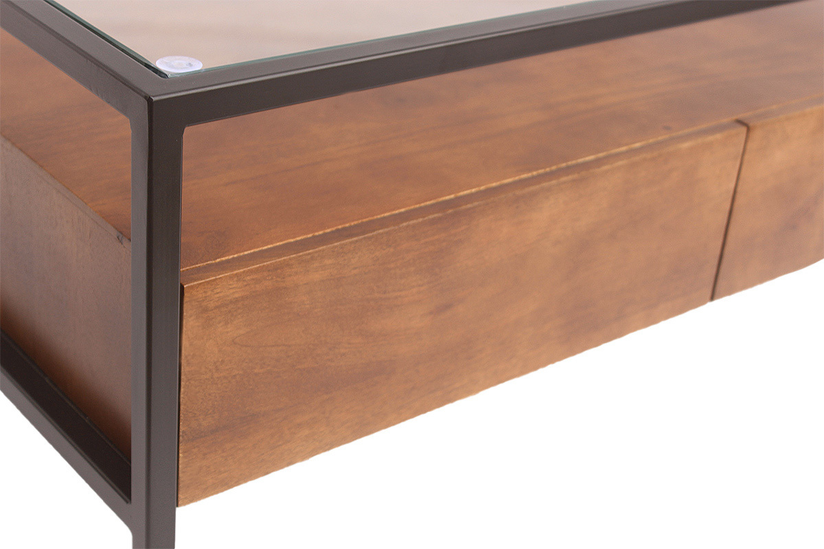 Table basse rectangulaire avec rangements en bois fonc� manguier massif, verre et m�tal noir L100 cm SITA