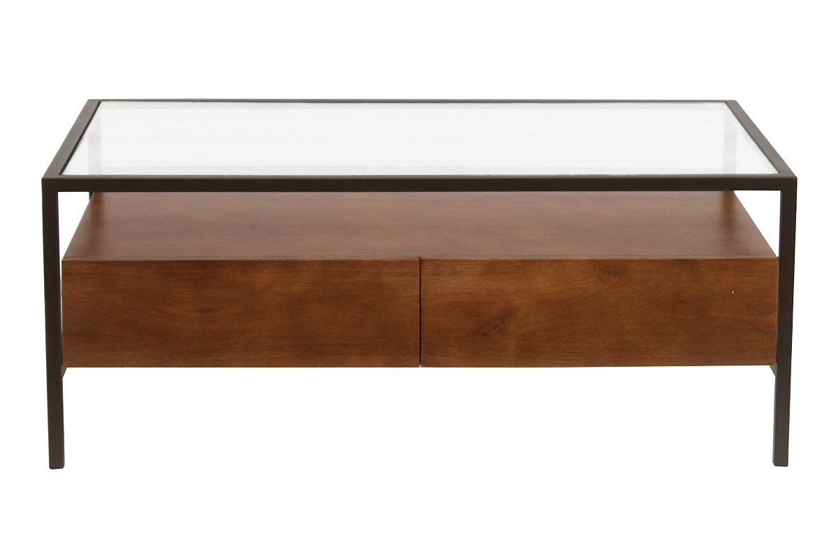 Table basse rectangulaire avec rangements en bois fonc� manguier massif, verre et m�tal noir L100 cm SITA