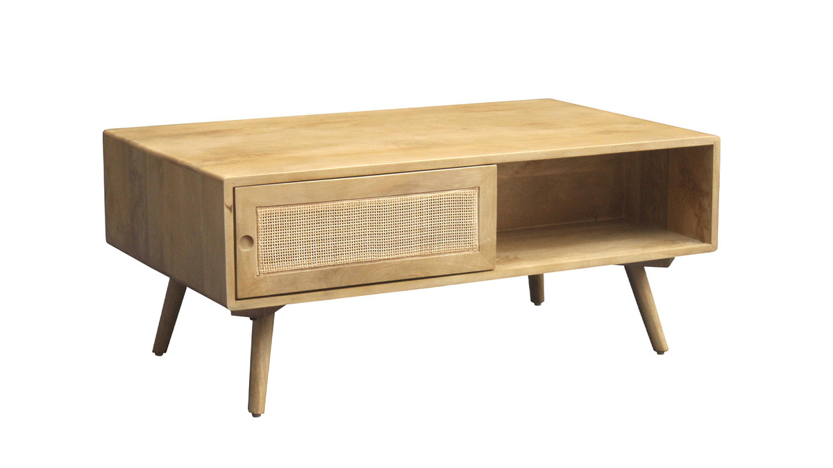 Table basse rectangulaire avec rangements en bois manguier massif et cannage rotin L100 cm ACANGE