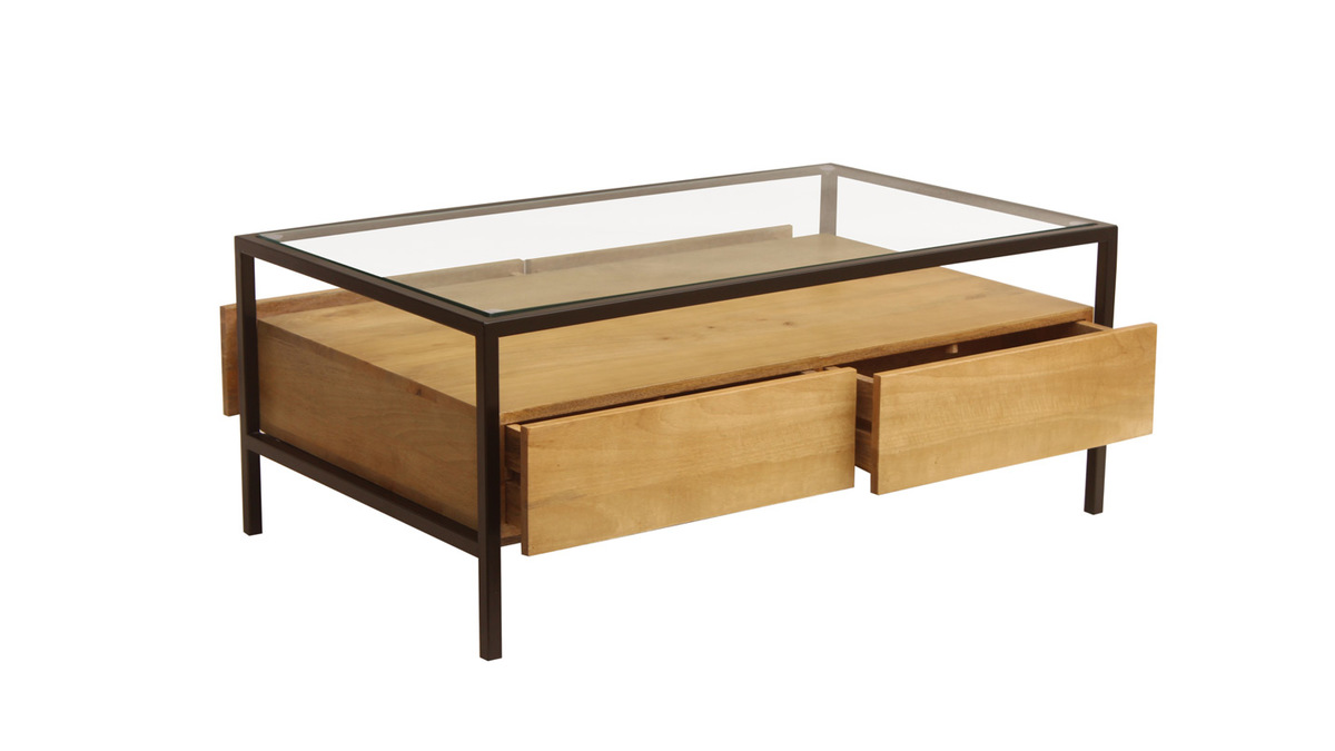 Table basse rectangulaire avec rangements en bois manguier massif, verre et mtal noir L100 cm SITA
