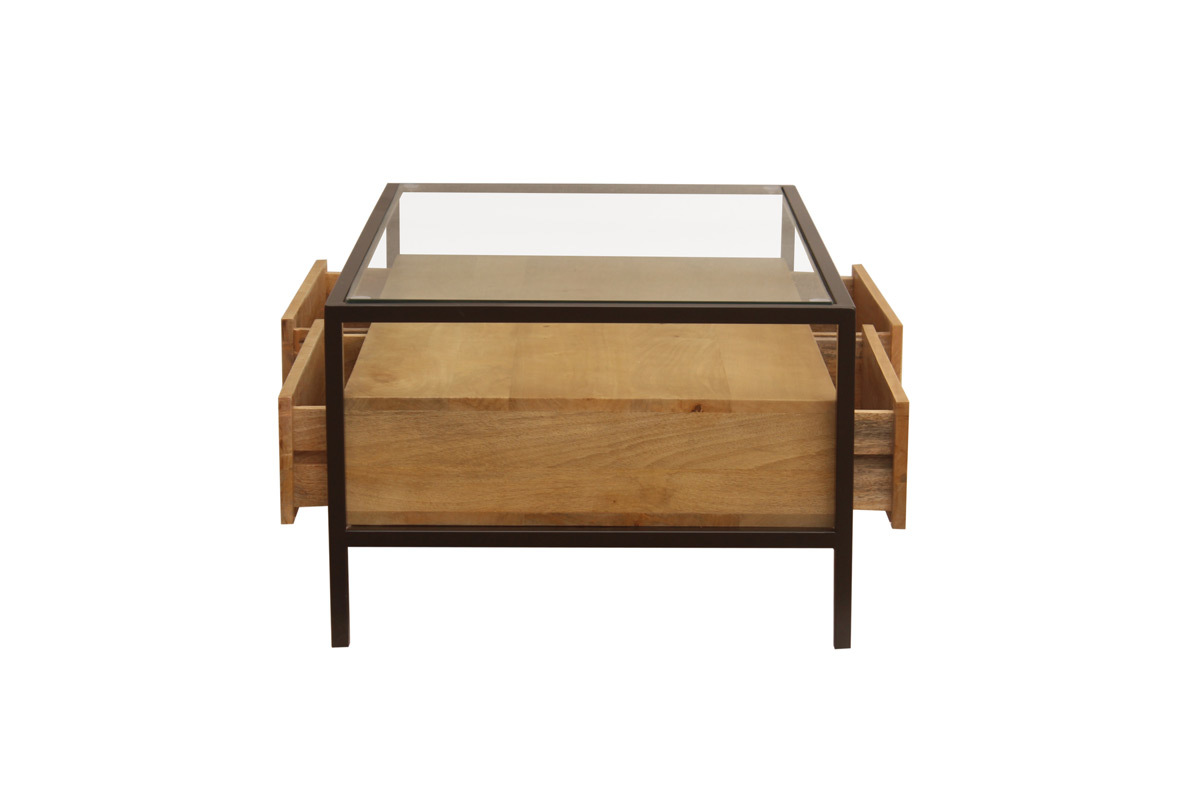 Table basse rectangulaire avec rangements en bois manguier massif, verre et mtal noir L100 cm SITA