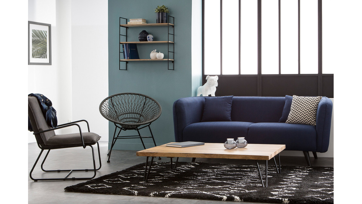 Table basse rectangulaire bois clair manguier massif et mtal noir L117 cm VIBES