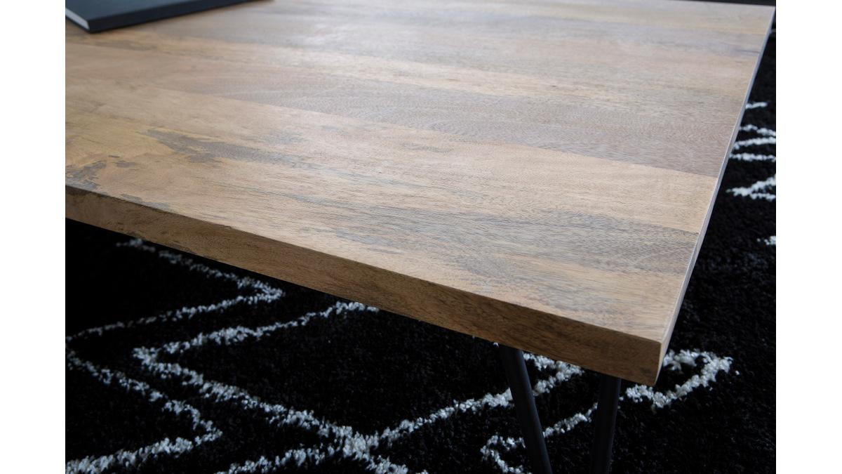 Table basse rectangulaire bois clair manguier massif et mtal noir L117 cm VIBES