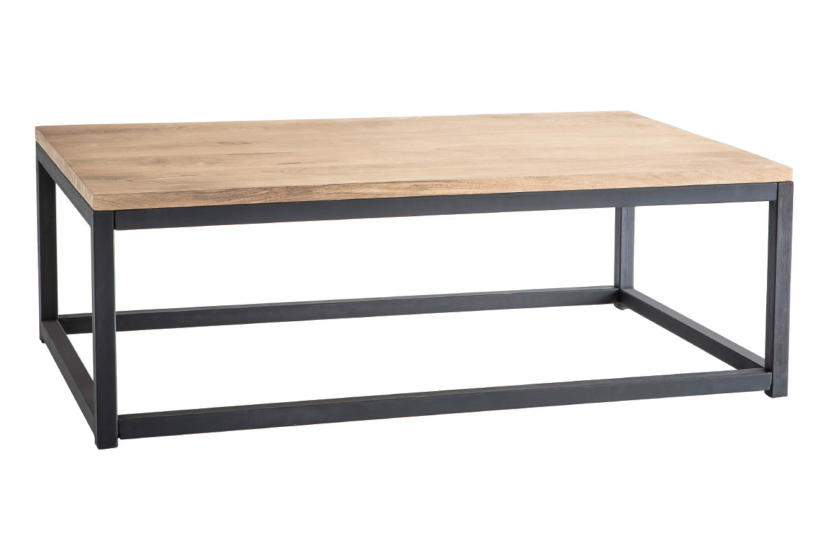 Table basse rectangulaire bois clair manguier massif et m�tal noir L120 cm FACTORY
