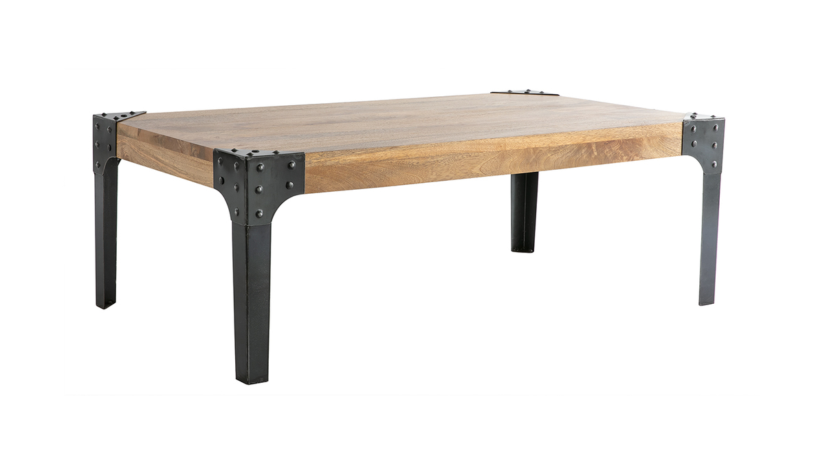 Table basse rectangulaire industrielle bois clair manguier massif et métal noir L100 cm MADISON