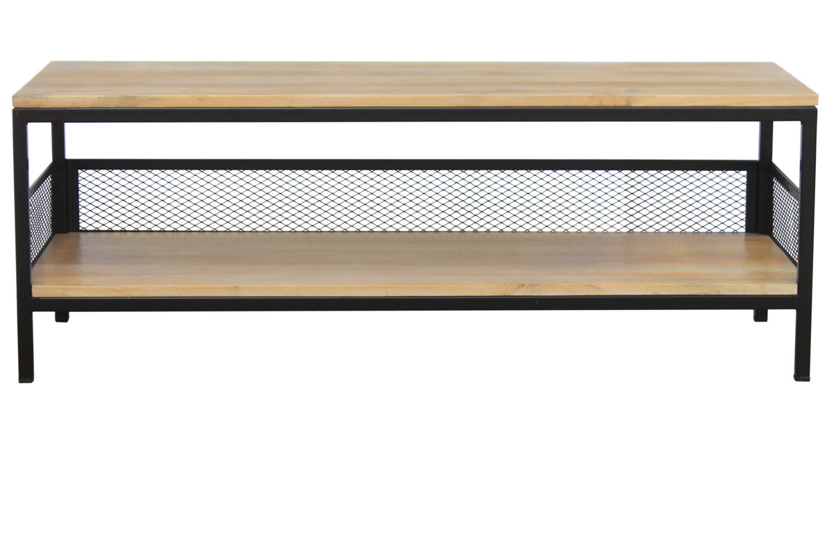 Table basse rectangulaire industrielle bois clair manguier massif et mtal noir L110 cm RACK