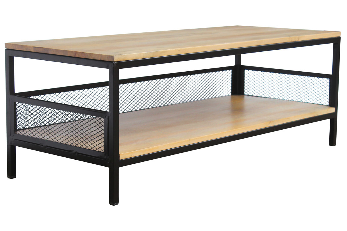 Table basse rectangulaire industrielle bois clair manguier massif et mtal noir L110 cm RACK