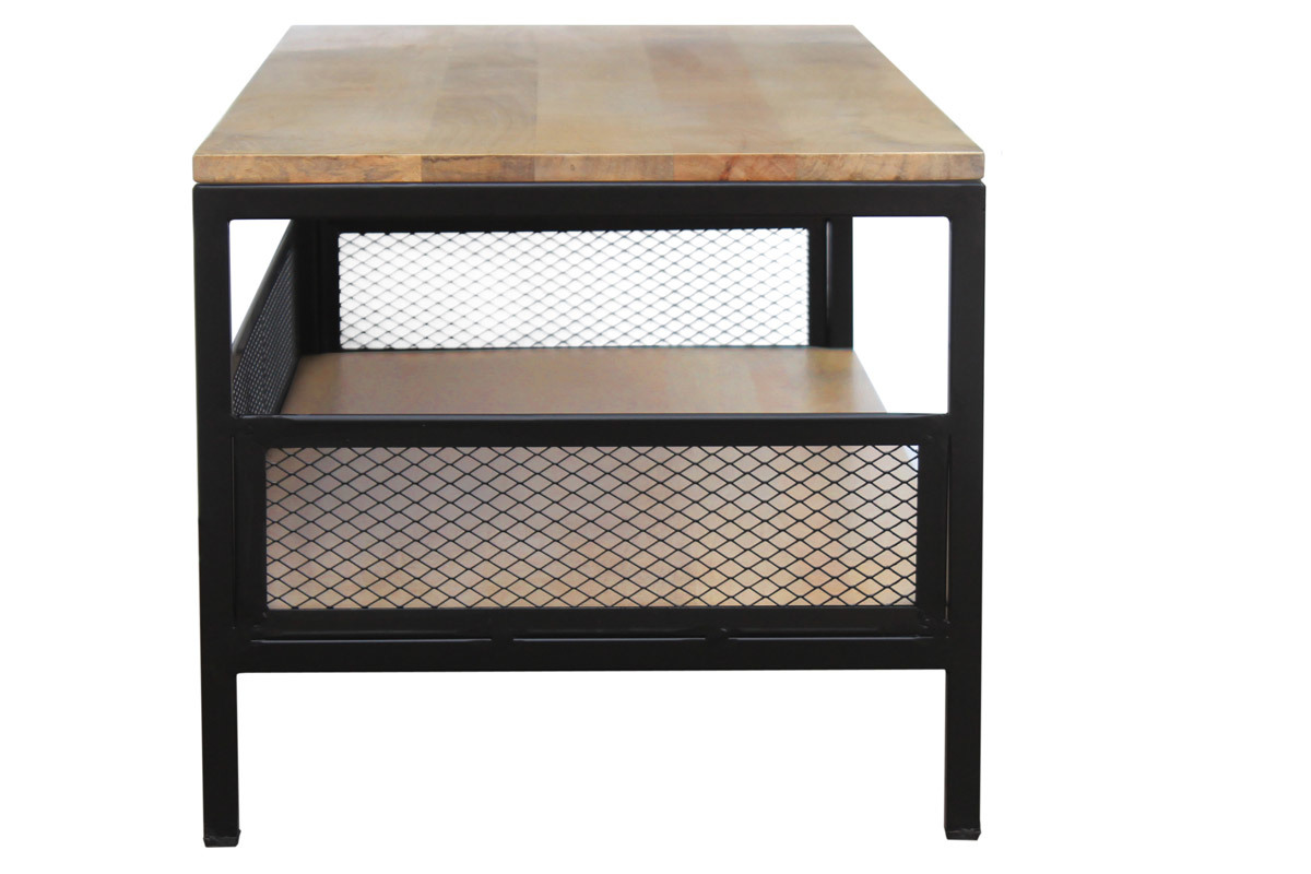 Table basse rectangulaire industrielle bois clair manguier massif et mtal noir L110 cm RACK