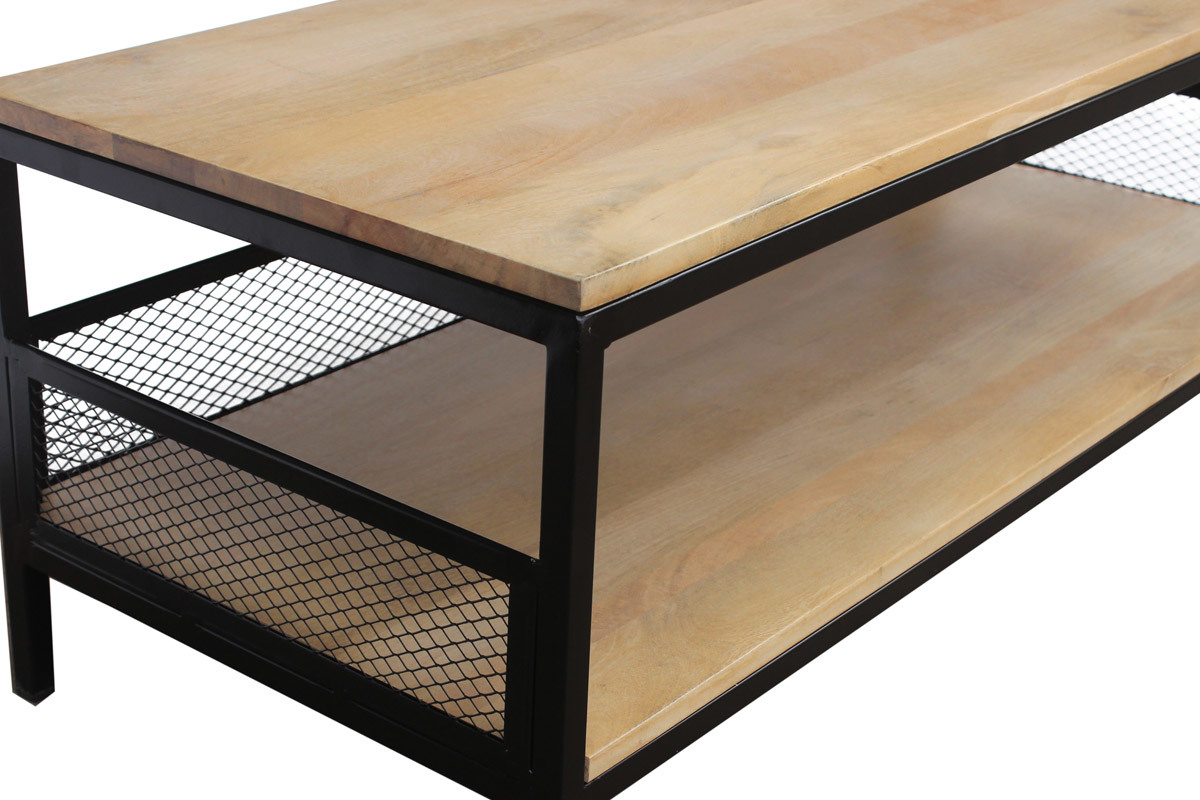 Table basse rectangulaire industrielle bois clair manguier massif et mtal noir L110 cm RACK