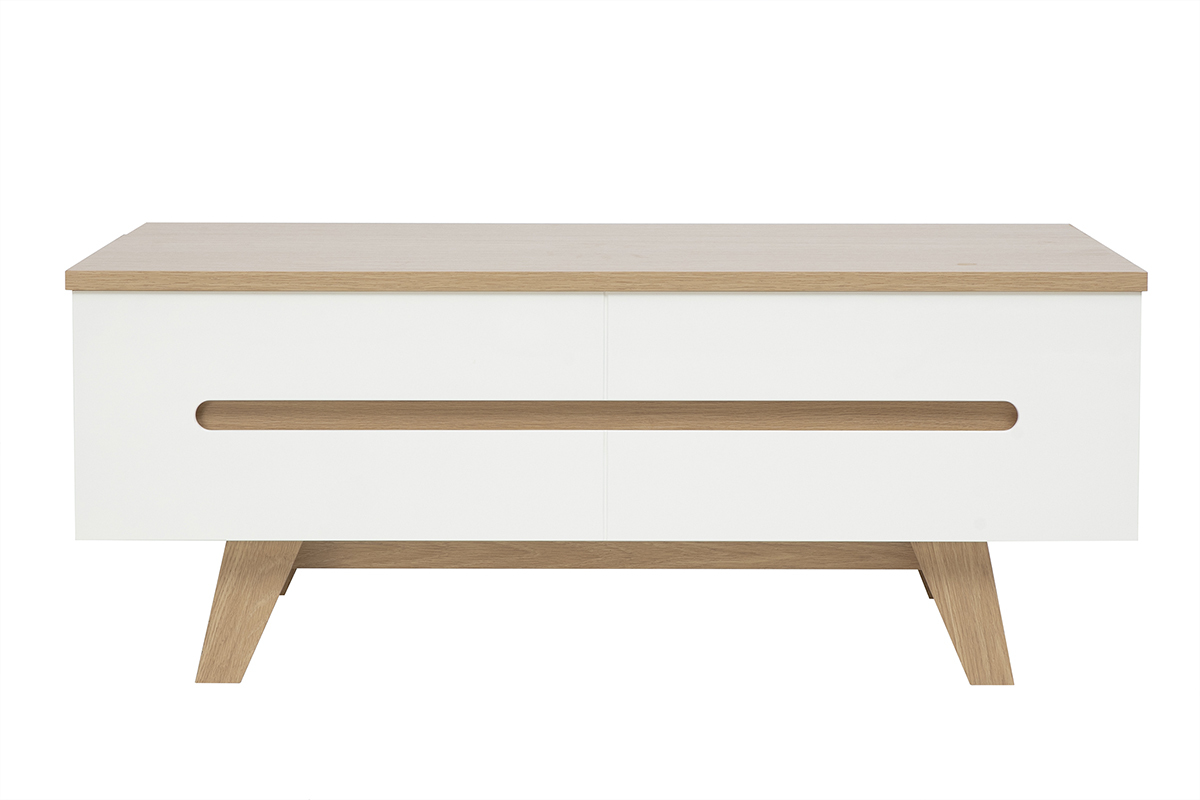 Table basse relevable blanche laqu�e brillante et finition bois clair L100 cm MELKA