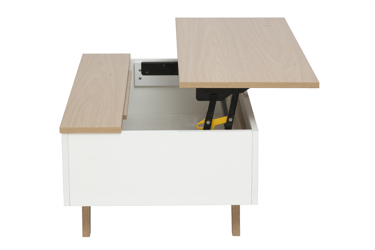 Table basse relevable blanche laqu�e brillante et finition bois clair L100 cm MELKA
