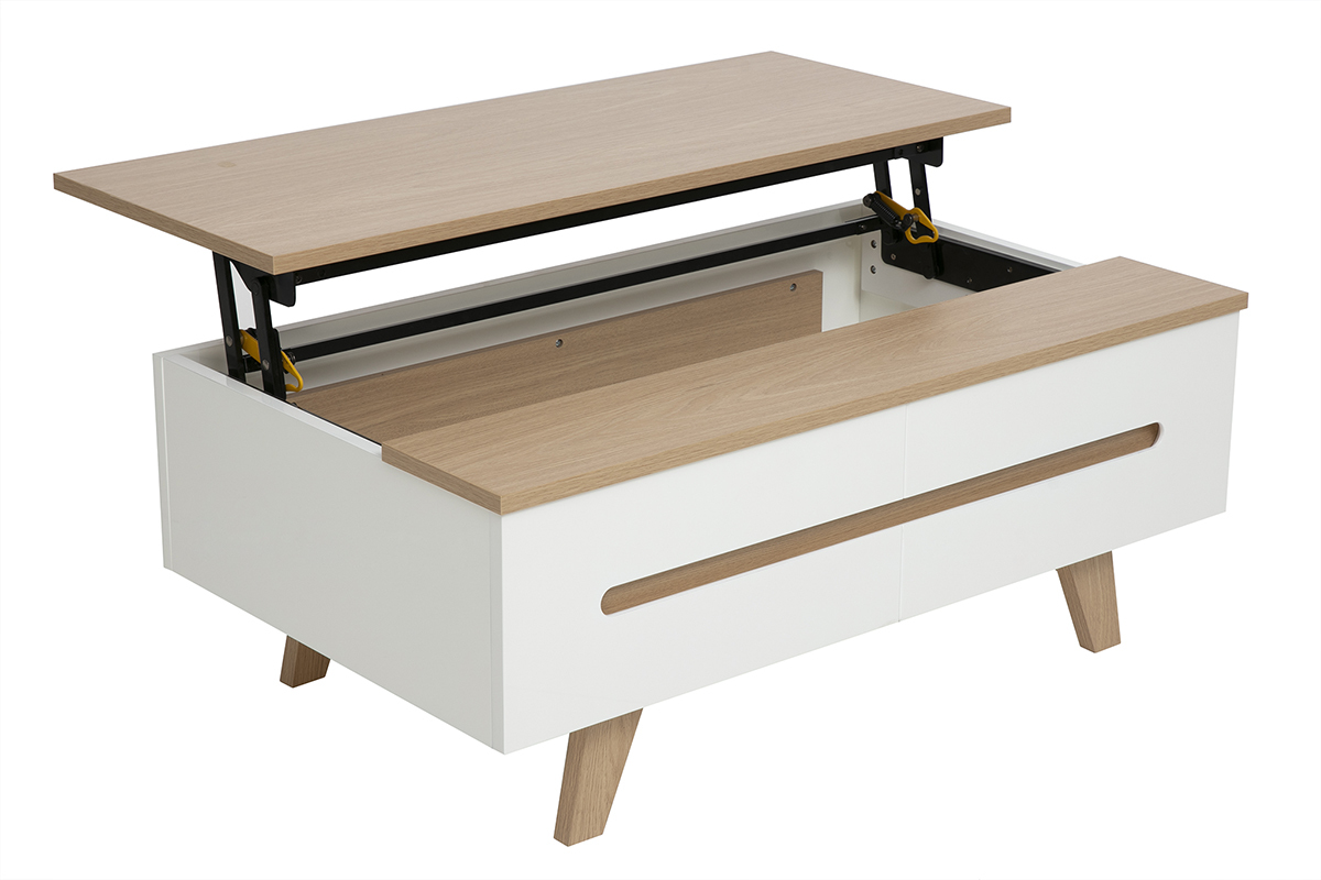 Table basse relevable blanche laqu�e brillante et finition bois clair L100 cm MELKA