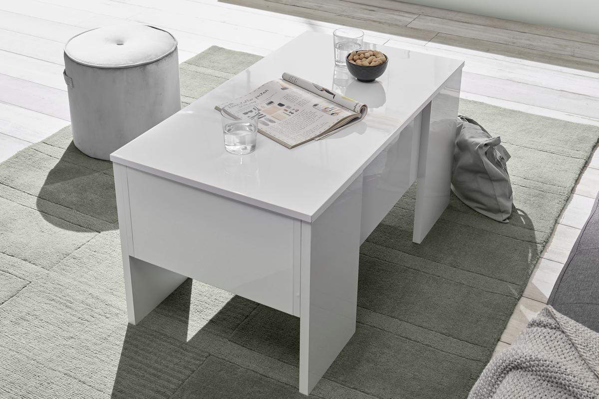 Table basse relevable design blanc laqu� brillant L92 cm COMO