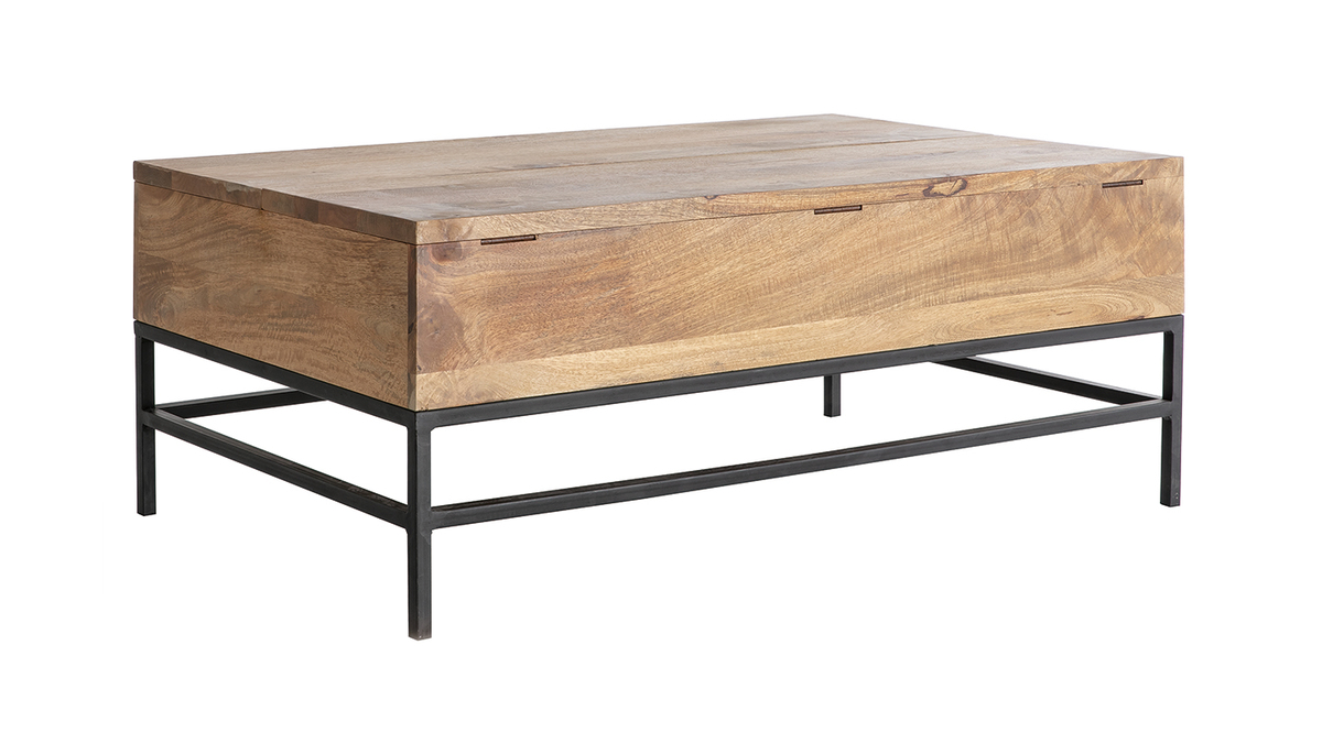Table basse relevable industrielle bois clair manguier massif et métal noir L110 cm YPSTER