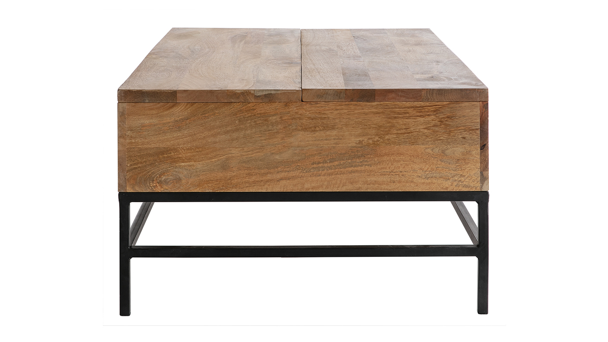 Table basse relevable industrielle bois clair manguier massif et métal noir L110 cm YPSTER