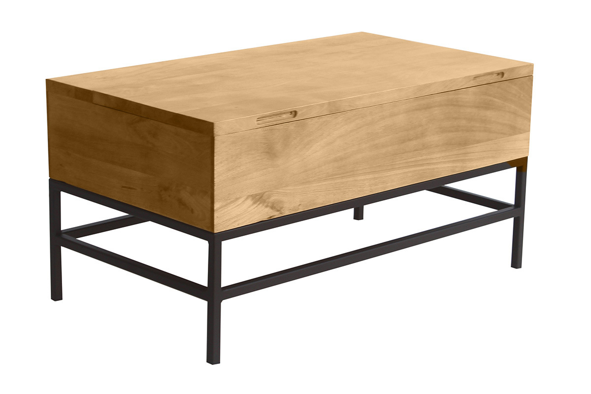 Table basse relevable industrielle bois manguier massif et mtal noir L90 cm YPSTER