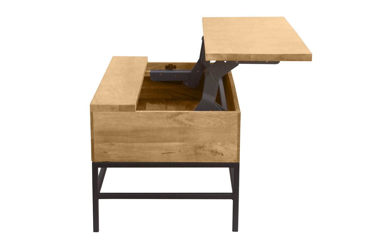 Table basse relevable industrielle bois manguier massif et mtal noir L90 cm YPSTER