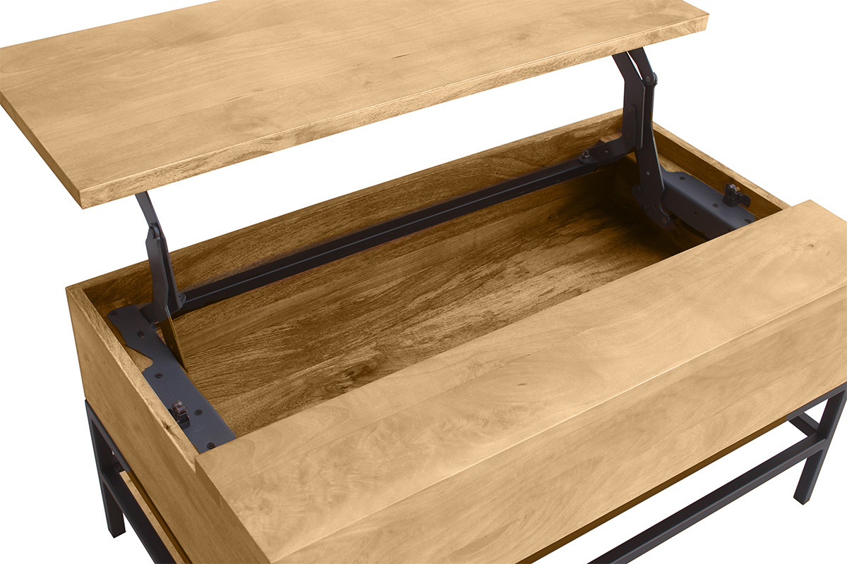Table basse relevable industrielle bois manguier massif et mtal noir L90 cm YPSTER