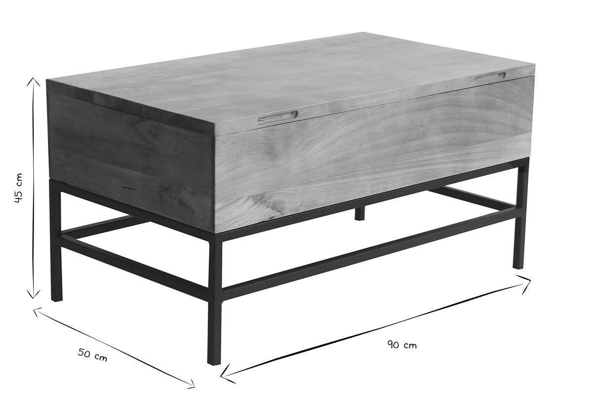 Table basse relevable industrielle bois manguier massif et mtal noir L90 cm YPSTER
