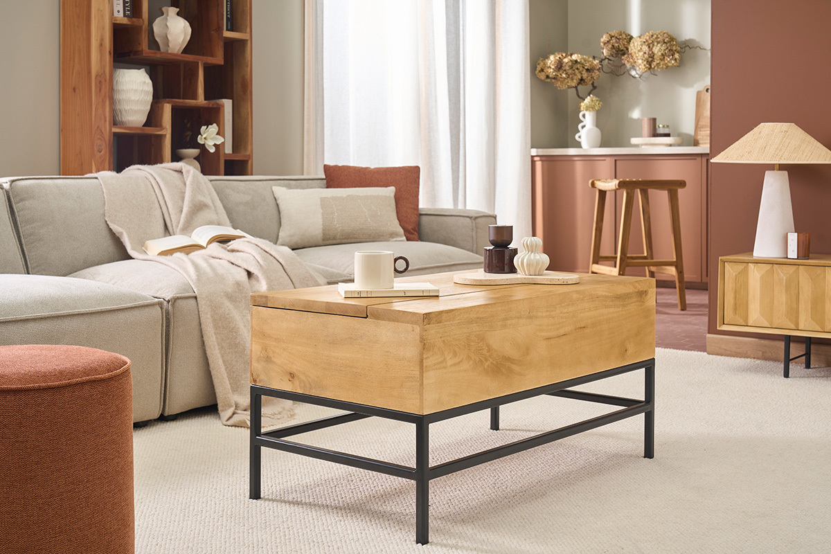 Table basse relevable industrielle bois manguier massif et m�tal noir L90 cm YPSTER