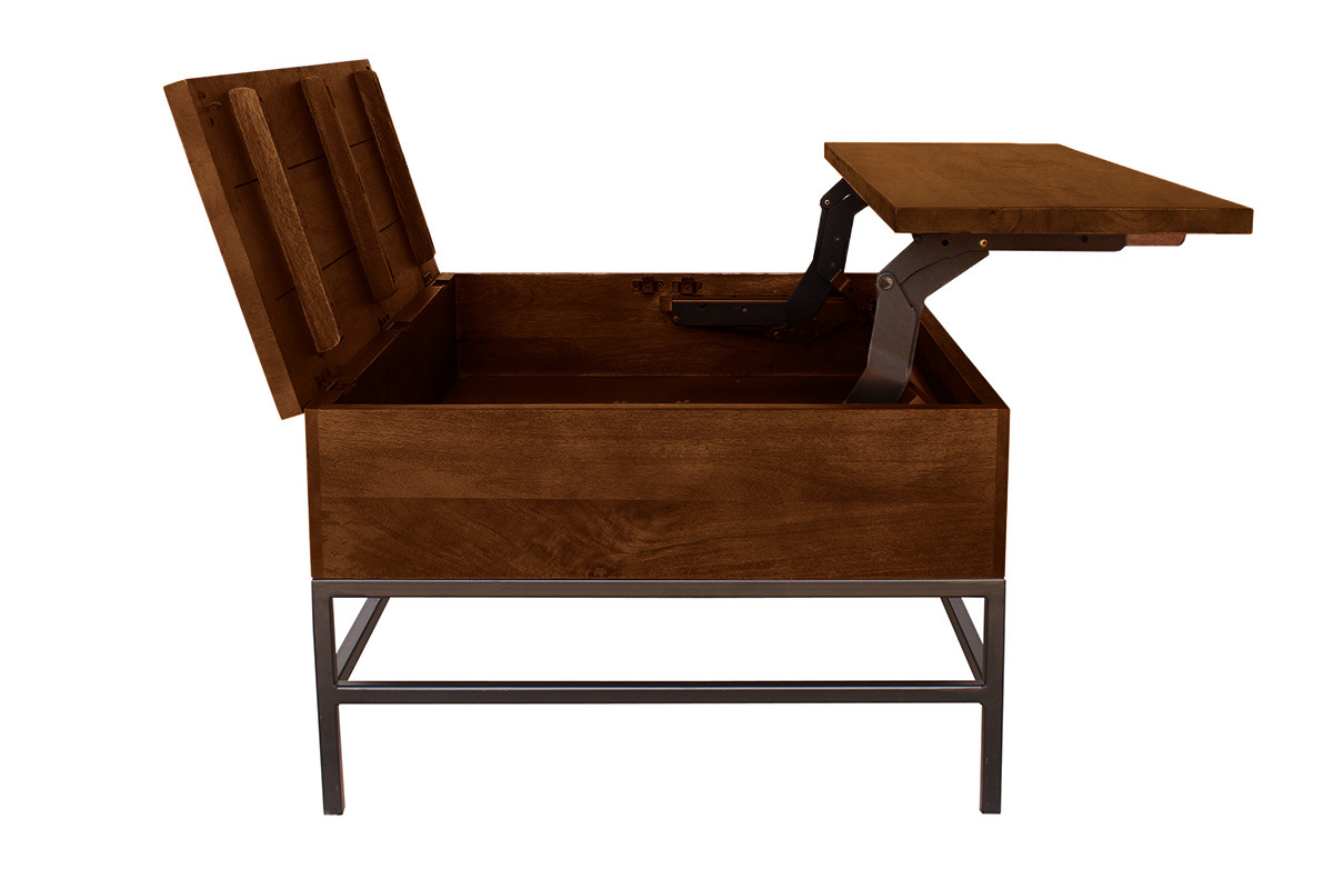 Table basse relevable industrielle bois manguier massif teint et mtal noir L110 cm YPSTER