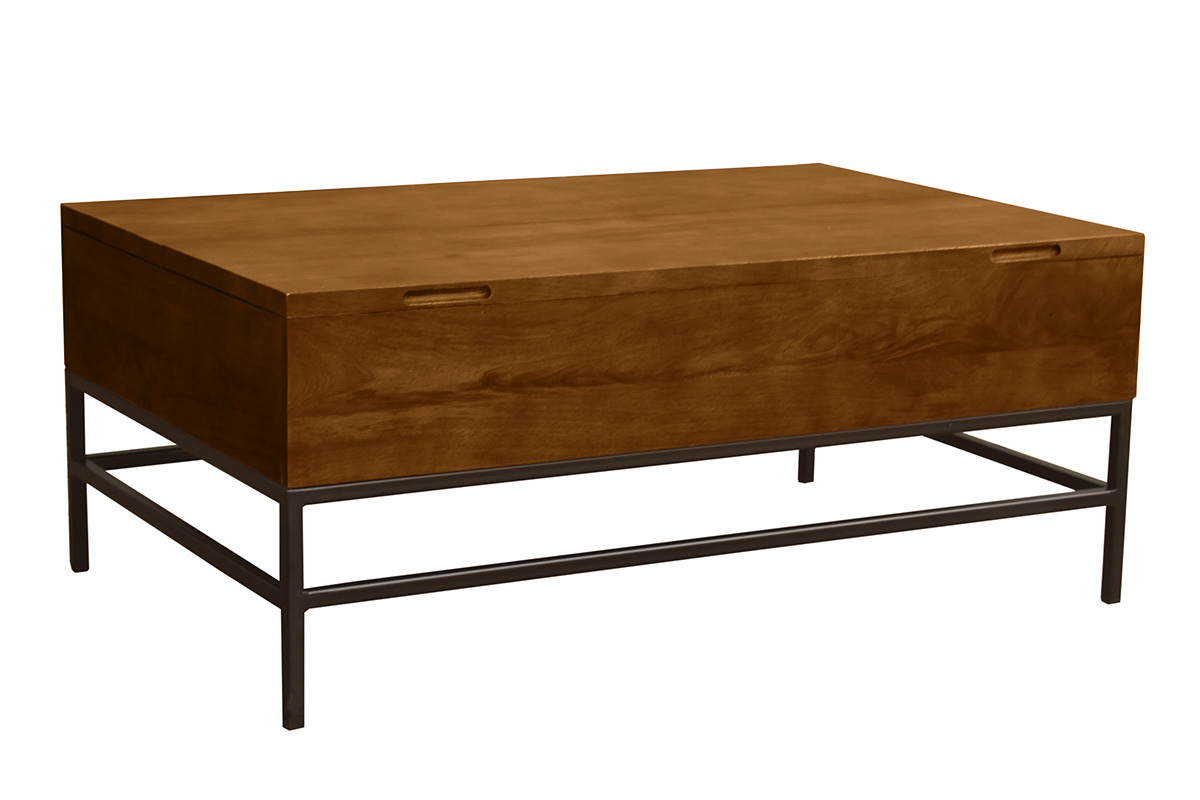Table basse relevable industrielle bois manguier massif teint et mtal noir L110 cm YPSTER