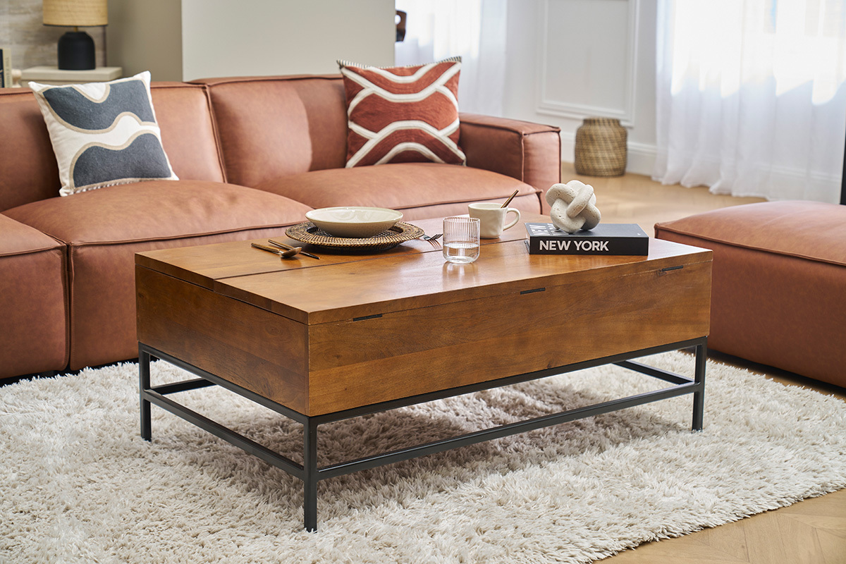 Table basse relevable industrielle bois manguier massif teint et mtal noir L110 cm YPSTER