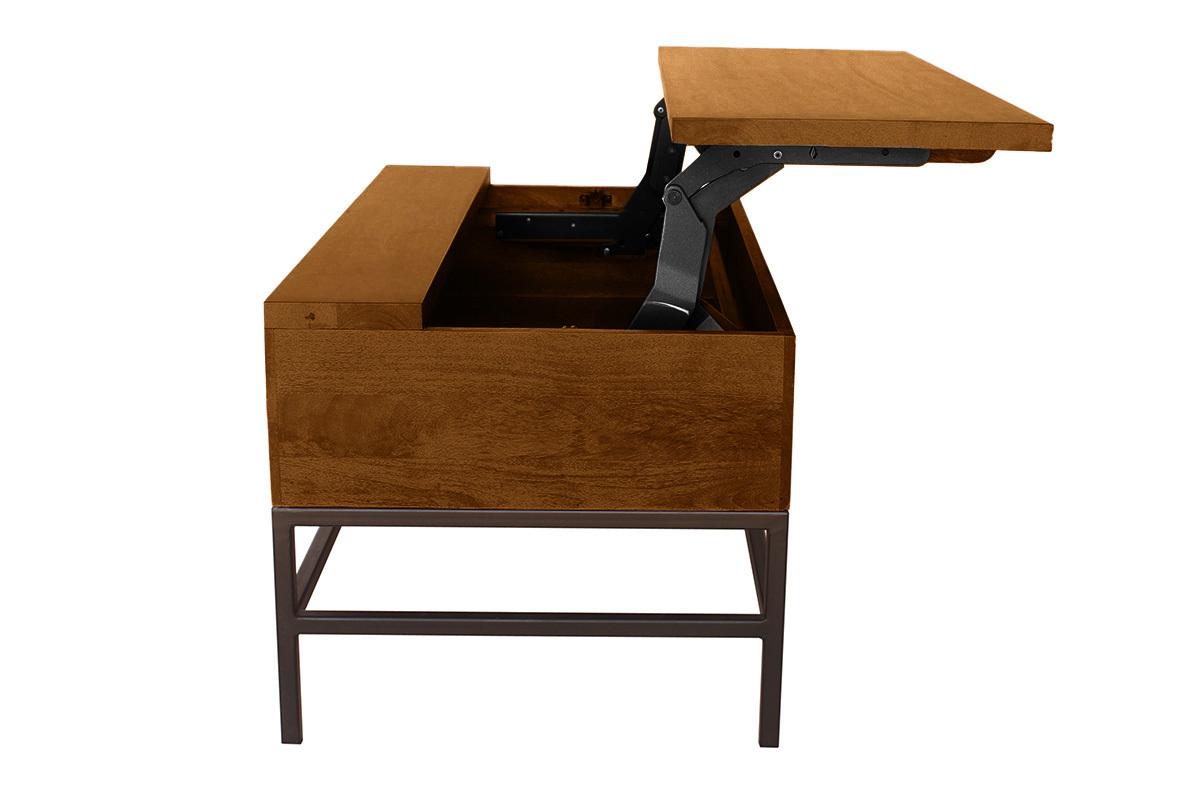 Table basse relevable industrielle bois manguier massif teint et mtal noir L90 cm YPSTER