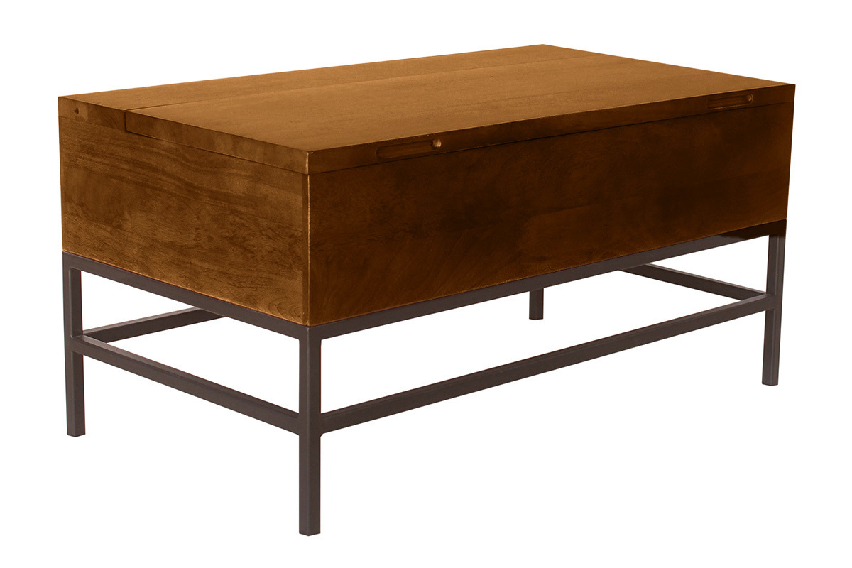 Table basse relevable industrielle bois manguier massif teint et mtal noir L90 cm YPSTER