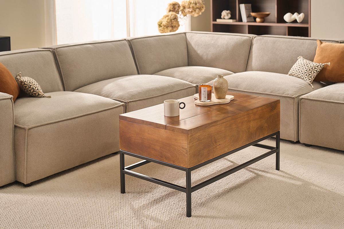 Table basse relevable industrielle bois manguier massif teint� et m�tal noir L90 cm YPSTER