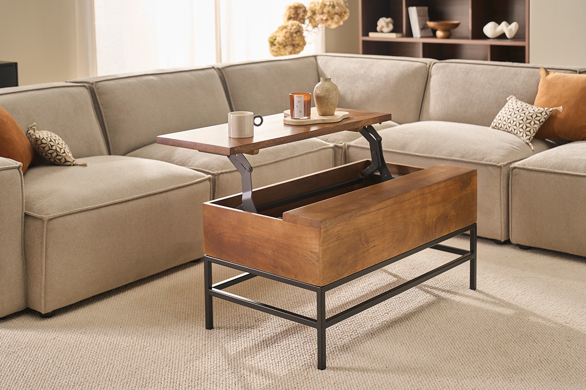 Table basse relevable industrielle bois manguier massif teint� et m�tal noir L90 cm YPSTER