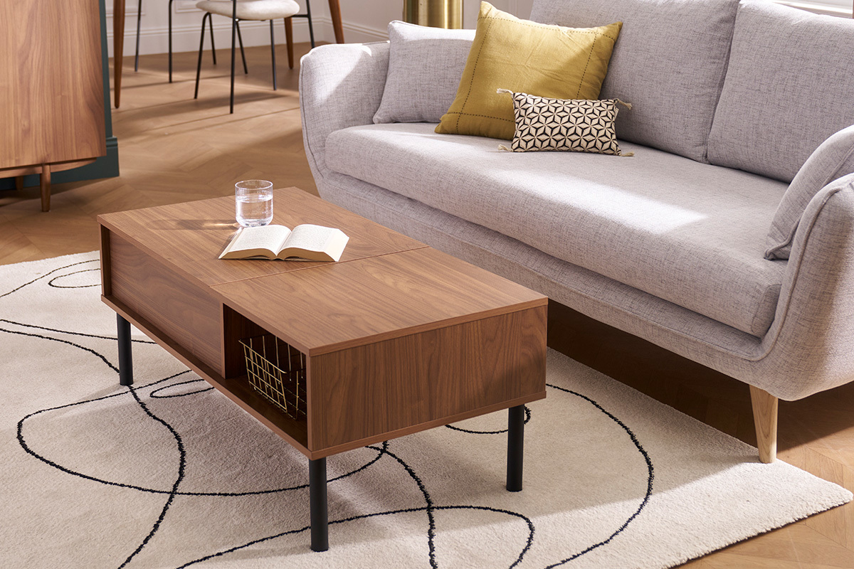 Table basse relevable rectangulaire bois fonc finition noyer et mtal noir L100 cm KANE