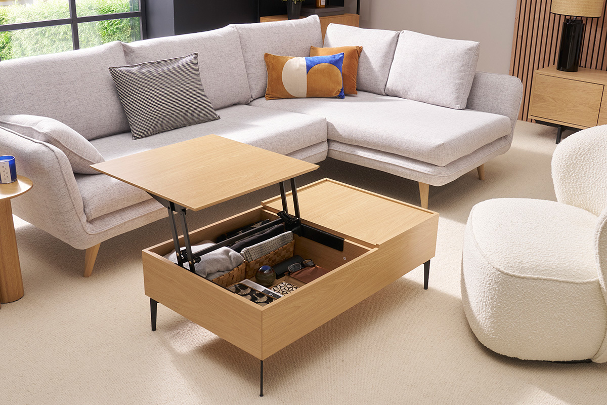 Table basse relevable rectangulaire bois fonc finition noyer et mtal noir L103 cm SEDA