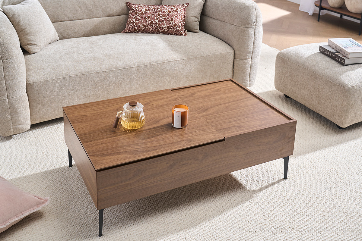 Table basse relevable rectangulaire bois fonc� finition noyer et m�tal noir L103 cm SEDA