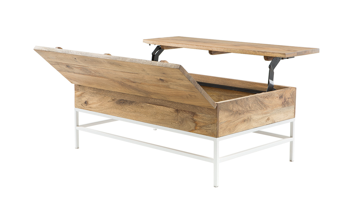 Table basse relevable rectangulaire bois manguier massif et mtal blanc L110 cm BOHO