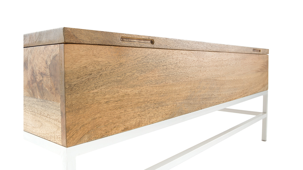 Table basse relevable rectangulaire bois manguier massif et mtal blanc L110 cm BOHO