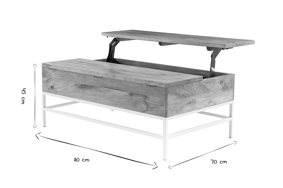 Table basse relevable rectangulaire bois manguier massif et mtal blanc L110 cm BOHO