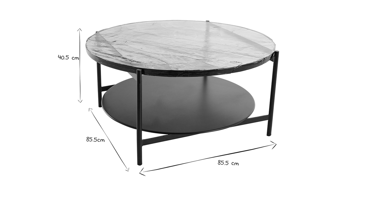 Table basse ronde avec double plateau en verre recycl et mtal noir D85 cm WELLE