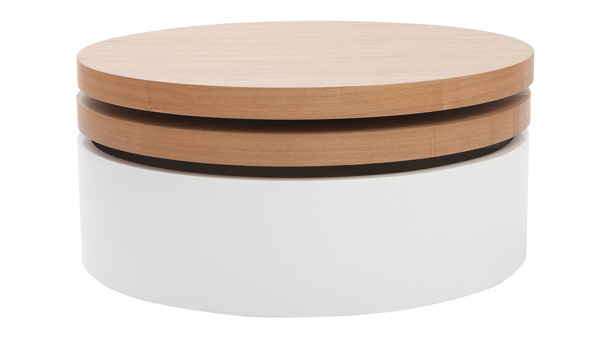 Table basse ronde avec plateaux pivotants et rangement blanc et bois clair chne D80 cm ICON