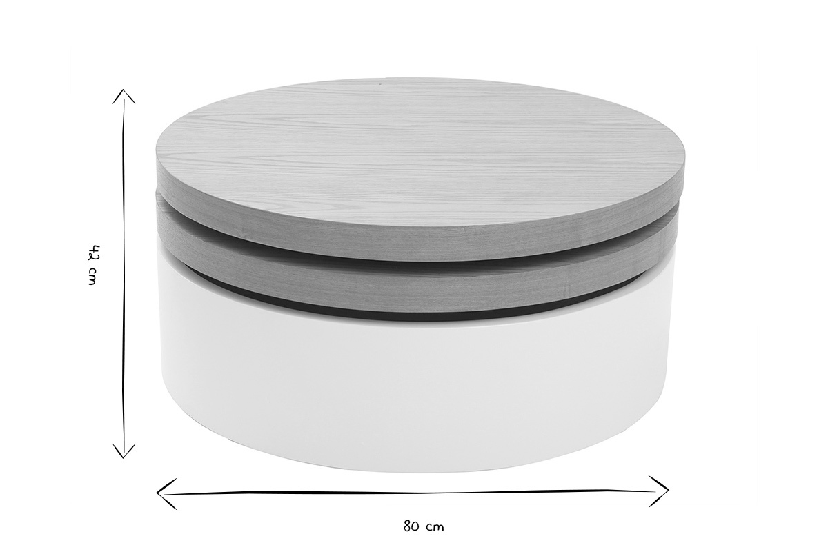 Table basse ronde avec plateaux pivotants et rangement blanc et bois clair chne D80 cm ICON