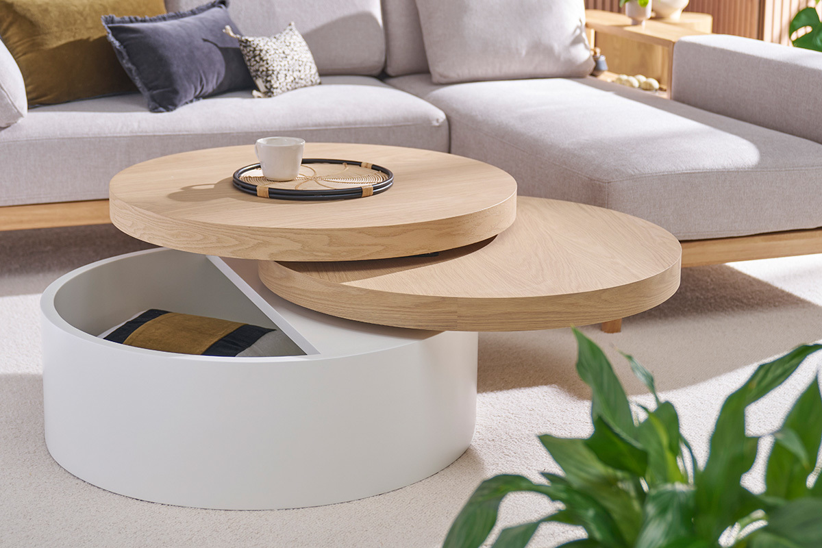 Table basse ronde avec plateaux pivotants et rangement blanc et bois clair chne D80 cm ICON