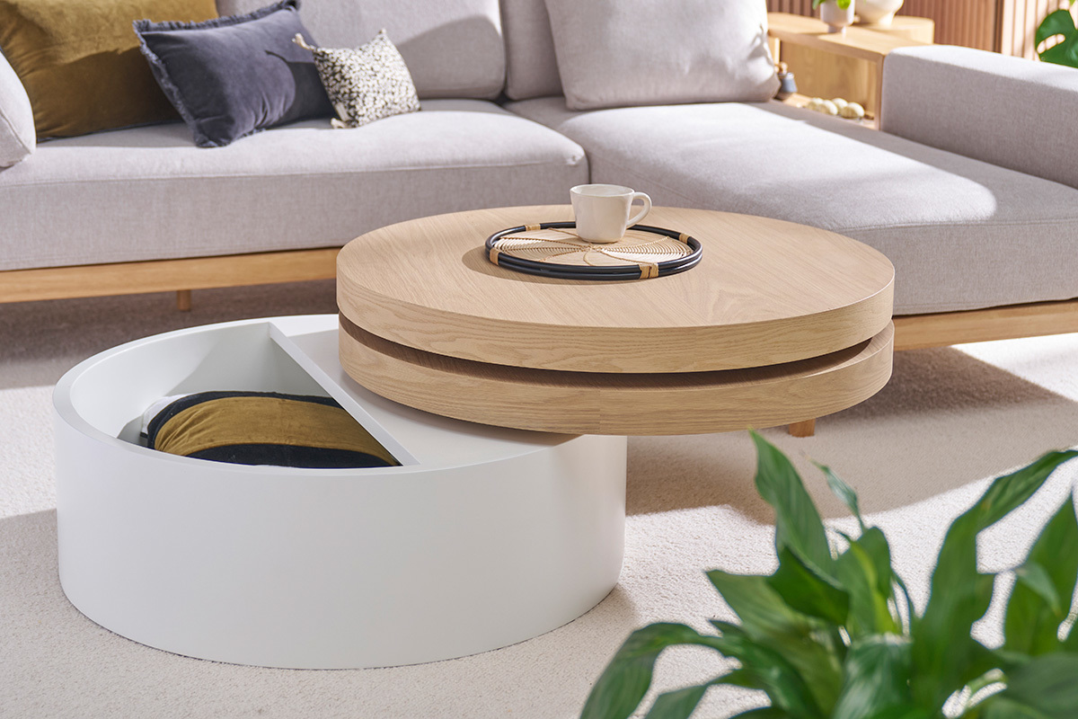 Table basse ronde avec plateaux pivotants et rangement blanc et bois clair chne D80 cm ICON