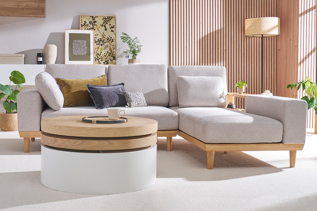 Table basse ronde avec plateaux pivotants et rangement blanc et bois clair chne D80 cm ICON
