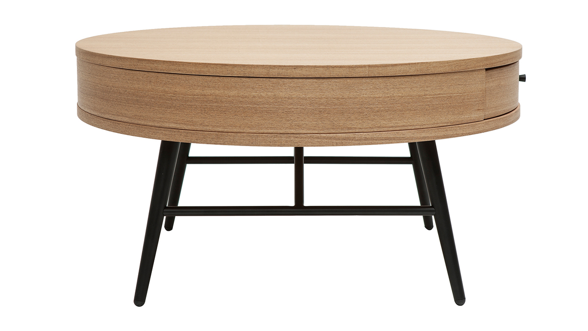 Table basse ronde avec tiroir bois clair et mtal noir D82 cm KORAL