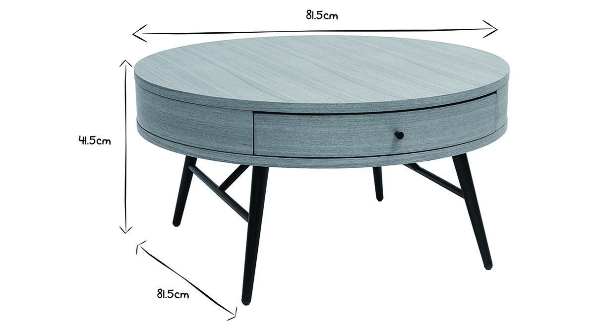 Table basse ronde avec tiroir bois clair et mtal noir D82 cm KORAL