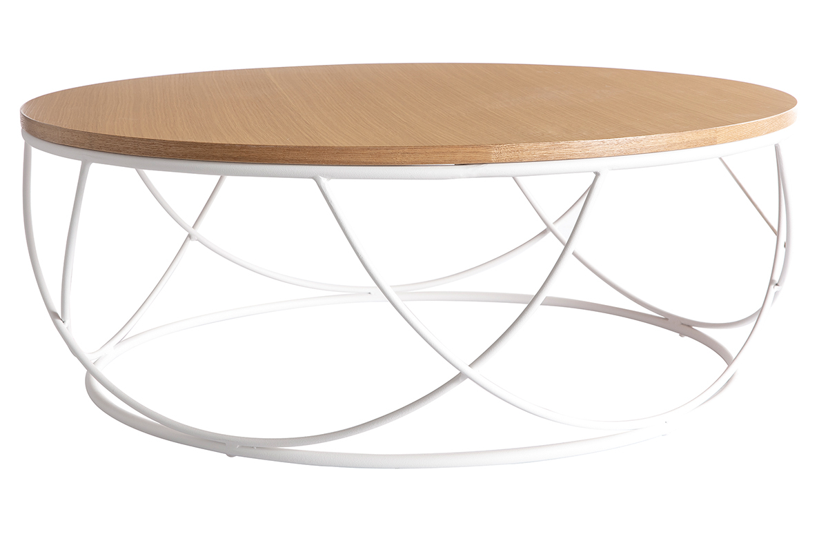 Table basse ronde bois clair chne et mtal blanc D80 cm LACE