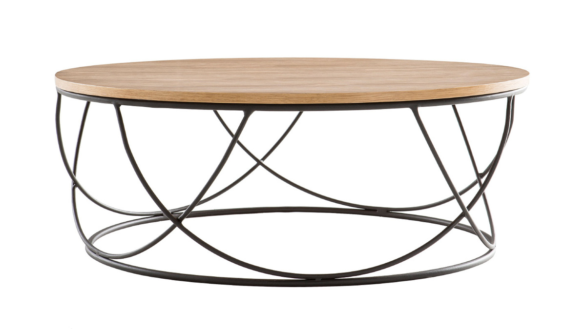 Table basse ronde bois clair chêne et métal noir D80 cm LACE